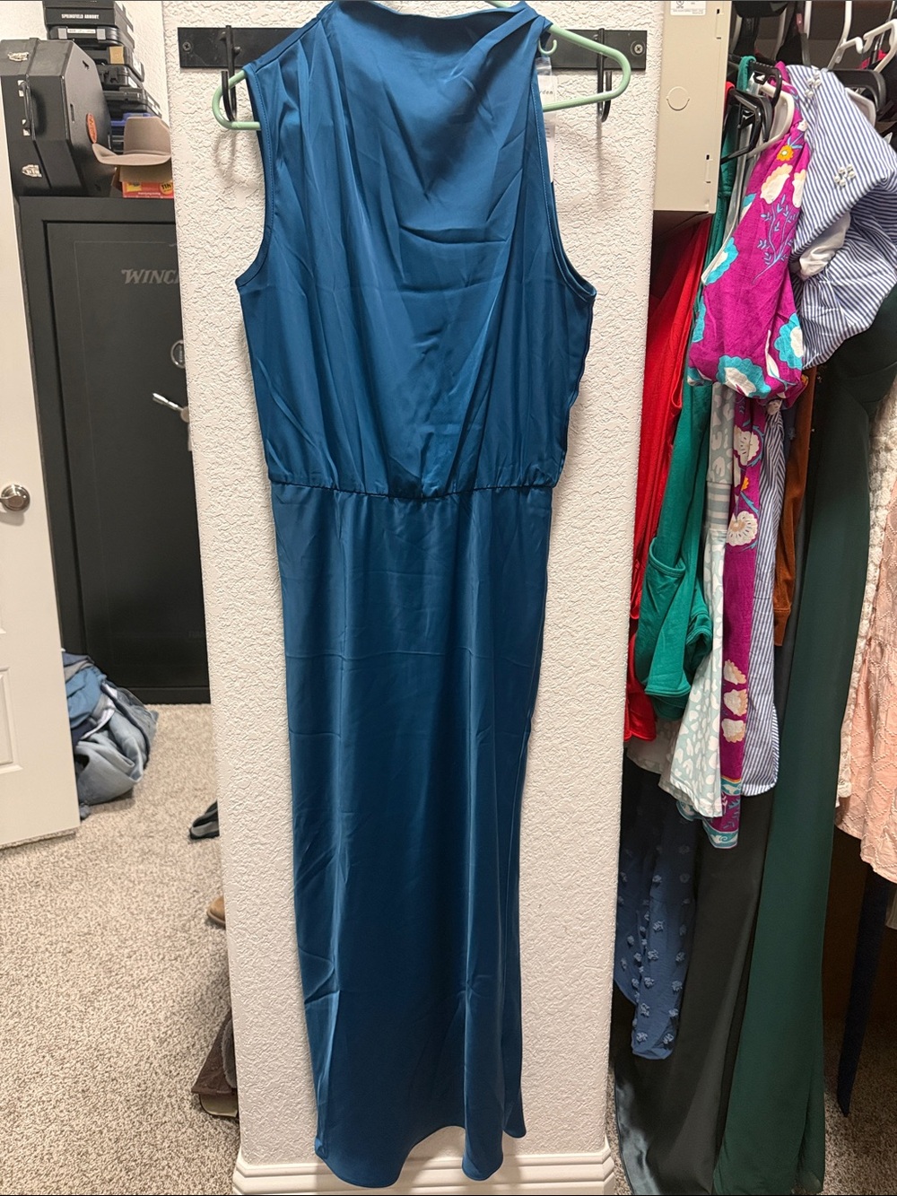 Sleeveless Teal Satin Maxi Dress with Elastic Waist